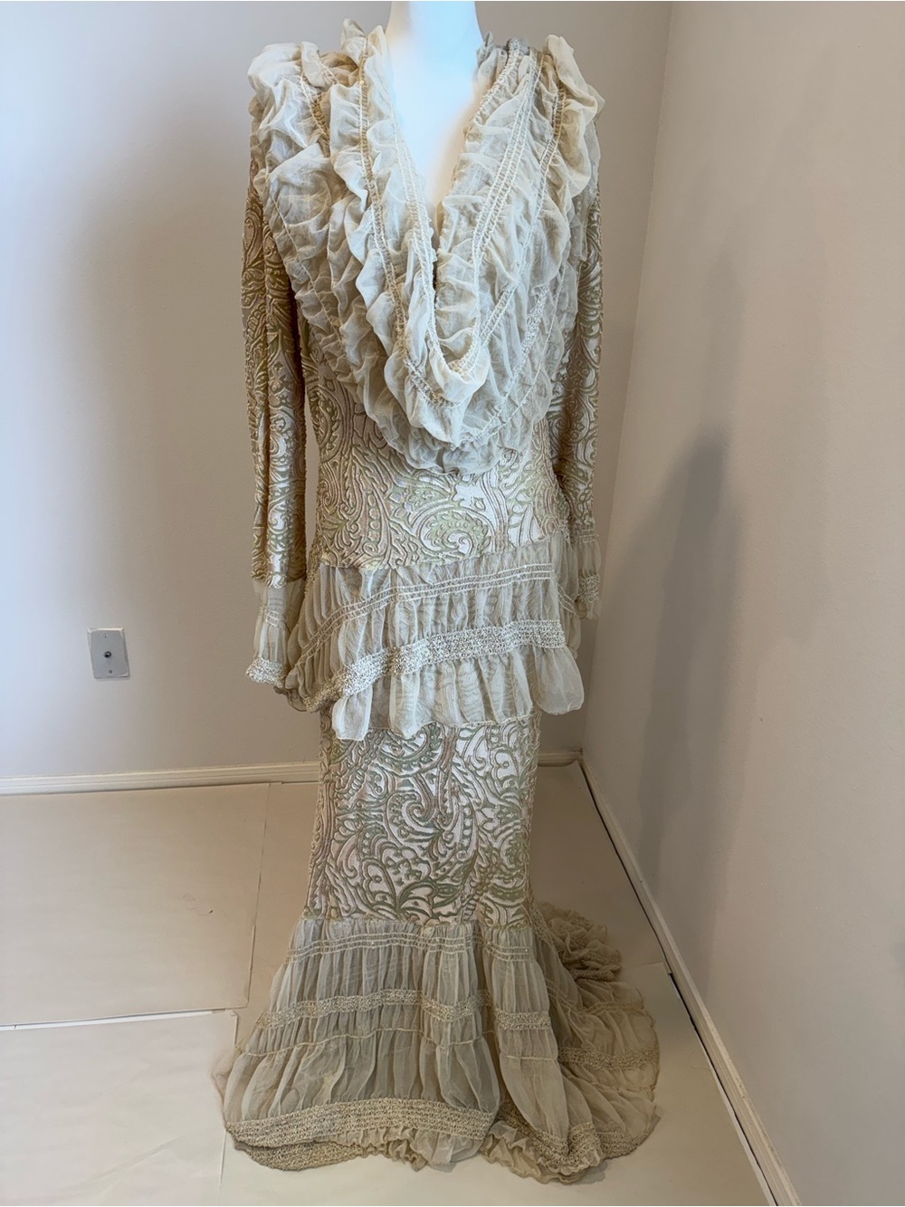 Elegant Long Sleeve Ivory Ruffled Maxi Dress